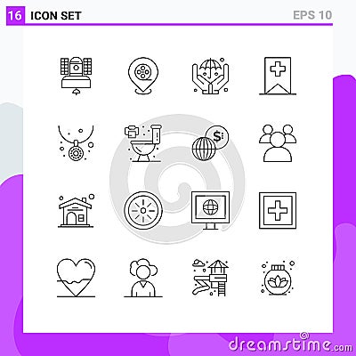 Pack of 16 Modern Outlines Signs and Symbols for Web Print Media such as necklace, fashion, hands, accessories, plus Vector Illustration