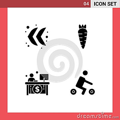 Pack of 4 Modern Solid Glyphs Signs and Symbols for Web Print Media such as arrow, teller, carrot, business, riding Vector Illustration