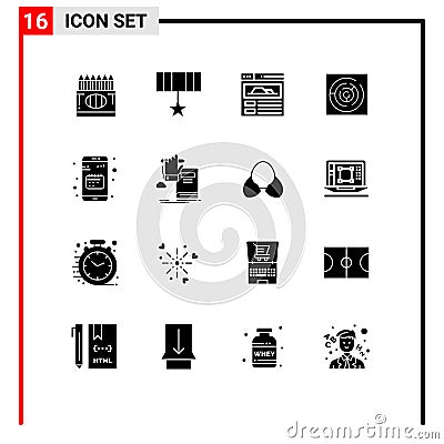 Pack of 16 Modern Solid Glyphs Signs and Symbols for Web Print Media such as calendar, agenda, medal, maze, circle maze Vector Illustration