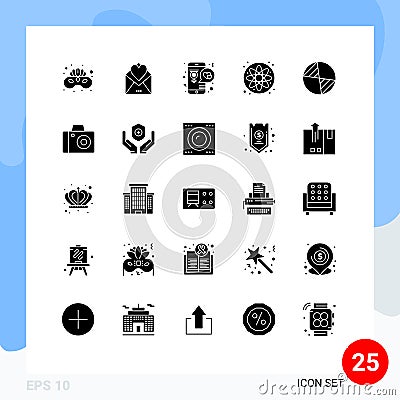 Pack of 25 Modern Solid Glyphs Signs and Symbols for Web Print Media such as center, laboratory, love, atom, lover Vector Illustration