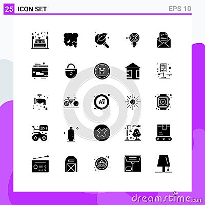 Pack of 25 Modern Solid Glyphs Signs and Symbols for Web Print Media such as goal, target, pm, search, leaf Vector Illustration