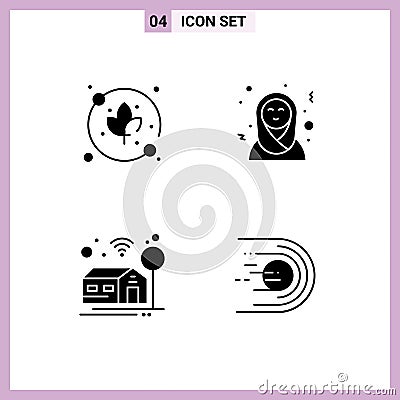 Pack of 4 Modern Solid Glyphs Signs and Symbols for Web Print Media such as leaf, asteroid, arab women, home, flight Vector Illustration