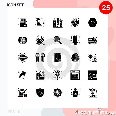 Pack of 25 Modern Solid Glyphs Signs and Symbols for Web Print Media such as shield, insurance, steps, health, fitness Vector Illustration