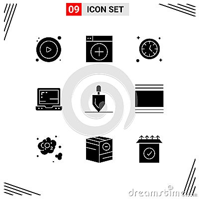 Pack of 9 Modern Solid Glyphs Signs and Symbols for Web Print Media such as tools, gardening, watch, equipment, office Vector Illustration
