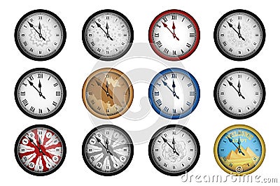 Pack of 12 realistic vintage clocks isolated on white Vector Illustration