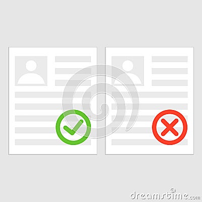 Pack sheets paper with stamp of rejected, approval. Summary with mark about refusal, acceptance Vector Illustration