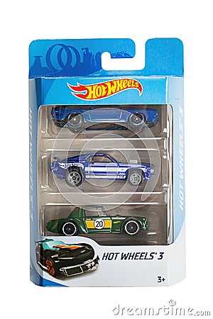 Pack of three Hot Wheels toy cars. Hot Wheels is a scale die-cast toy cars by American toy maker Mattel in 1968. File contains Editorial Stock Photo