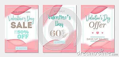 Pack of three sale banner templates to Valentine`s Day. Paper cut style. Pink backgrounds Vector Illustration