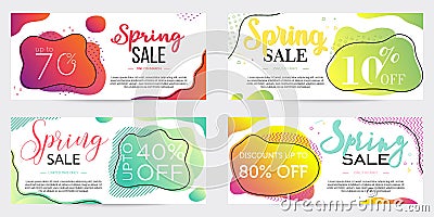 Pack of four sale banners, templates for spring holiday, colorful dual-gradient liquid forms on background Vector Illustration