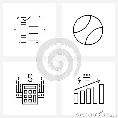 Pack of 4 Universal Line Icons for Web Applications to-do list, computing, text, tennis, chart Vector Illustration