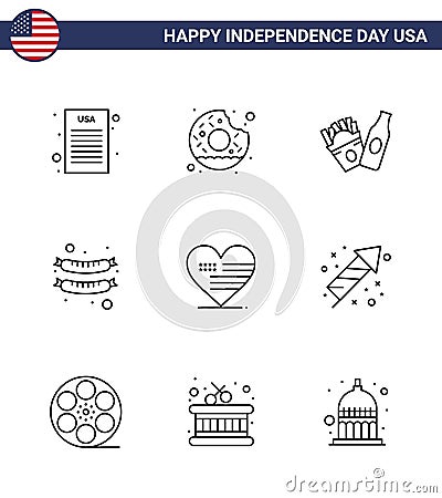 Pack of 9 USA Independence Day Celebration Lines Signs and 4th July Symbols such as celebration; american; frise; love; sausage Vector Illustration