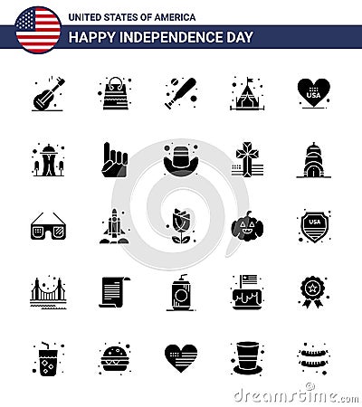 Pack of 25 USA Independence Day Celebration Solid Glyph Signs and 4th July Symbols such as usa; love; baseball; heart; camping Vector Illustration