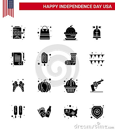 Pack of 16 USA Independence Day Celebration Solid Glyphs Signs and 4th July Symbols such as paper; american; cake; ring; Vector Illustration