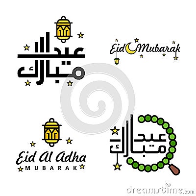 Pack of 4 Vector of Arabic Calligraphy Text with Moon And Stars of Eid Mubarak for the Celebration of Muslim Community Festival Vector Illustration