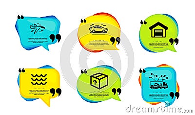 Package, Airplane and Waves icons set. Car, Parking garage and Truck delivery signs. Vector Vector Illustration