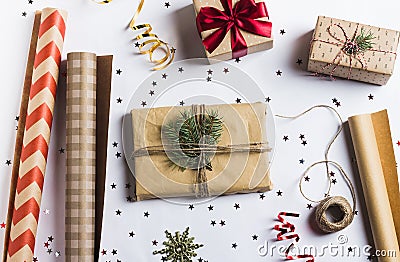 Package christmas gift box new year christmas packaging wrapping paper Stock Photo