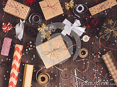 Package christmas gift box new year christmas packaging wrapping paper, Stock Photo