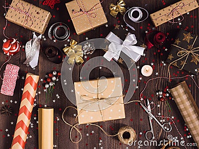 Package christmas gift box new year christmas packaging wrapping paper Stock Photo