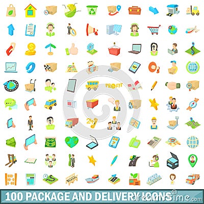 100 package and delivery icons set, cartoon style Vector Illustration