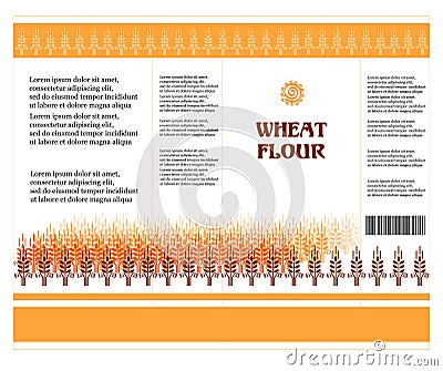 Package design. Wheat flour or Pasta, macaroni, spaghetti. Vector illustration of ears of wheat and label. Vector Illustration