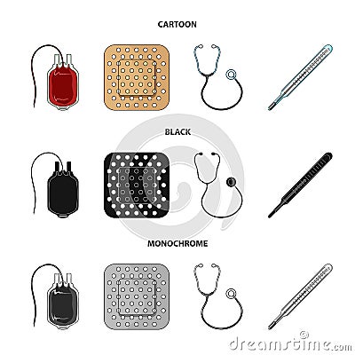 Package with donor blood and other equipment.Medicine set collection icons in cartoon,black,monochrome style vector Vector Illustration