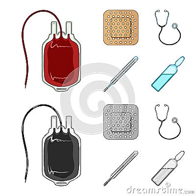 Package with donor blood and other equipment.Medicine set collection icons in cartoon,monochrome style vector symbol Vector Illustration