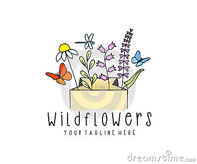 Package with flowers and herbs, butterflies and dragonflies, logo design. Wildflowers, meadows, nature and insects, vector design Vector Illustration