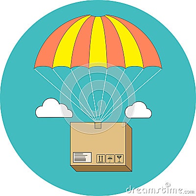 Package flying on parachute, delivery service concept. Flat design. Vector Illustration