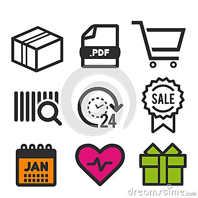 Package icon. PDF document symbol. 24 hour open icon. Shopping and sale signs. Heart and Birthday icons. Eps10 Vector. Vector Illustration