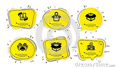 Package location, Builders union and Opened box icons set. Open box, Technical algorithm and Buildings signs. Vector Vector Illustration