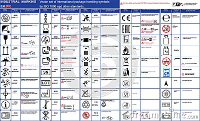 Package marking Vector set 50 pcs official ISO 7000 package handling icons symbols Package symbols marks signs Vector Illustration