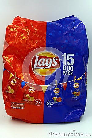 Package of mix Duo Pack of mini bags of Lays Natural and Paprika chips. Editorial Stock Photo