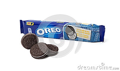 A package of Nabisco Oreo chocolate sandwich cookies. Isolated on white Editorial Stock Photo