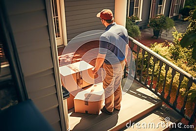 Package from the postman at the front door of the house. Postman leaves the parcel in cardboard box at the doorstep. Generative AI Stock Photo