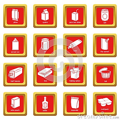 Package types icons set red square vector Vector Illustration