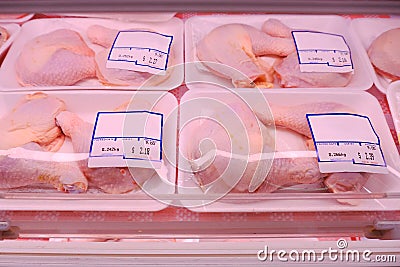 Packaged fresh chicken leg for sale in NTUC supermarket, displayed on shelves; pre packed meat Editorial Stock Photo