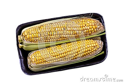 Packaged and sealed fresh grocery store yellow corn. Isolated. on white Stock Photo