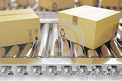 Packages delivery, packaging service and parcels transportation system concept, cardboard boxes on conveyor belt, 3d Stock Photo