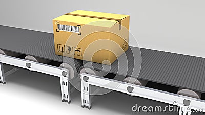 Packages delivery, packaging service and parcels transportation system concept, cardboard boxes on conveyor belt in warehouse, 3d Cartoon Illustration