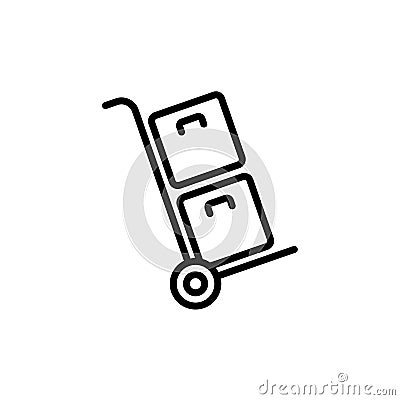 Packages delivery on a trolley icon in black. Hand truck. Vector on isolated white background. EPS 10 Vector Illustration