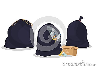 Packages with garbage. Open and closed black plastic bags with wastes. Packs full of rubbish. Special disposable containers for tr Vector Illustration