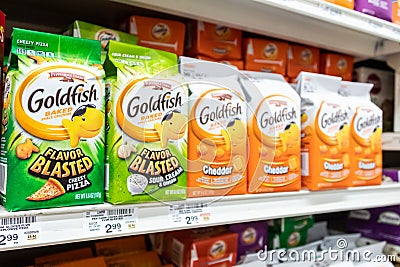 Packages of Pepperidge Farm Goldfish brand baked snack crackers Editorial Stock Photo