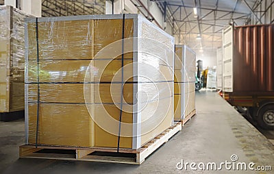 Packaging Boxes Wrapped Plastic on Pallets Loading into Cargo Container. Distribution Supplies Warehouse. Shipping Trucks Logistic Stock Photo