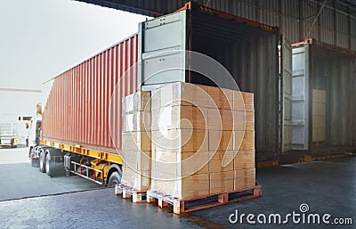 Packaging Boxes Wrapped Plastic Stacked on Pallets Loading into Cargo Container. Distribution Supplies Warehouse. Shipping Trucks. Stock Photo