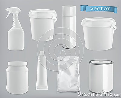 Packaging building and sanitary. White plastic, metal and paper pack. vector mockup set Vector Illustration