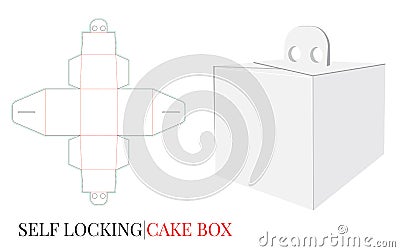 Cake Box with Handle Template, Vector with die cut lines, Delivery Cake Box, Self locking Box Vector Illustration