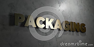 Packaging - Gold sign mounted on glossy marble wall - 3D rendered royalty free stock illustration Cartoon Illustration