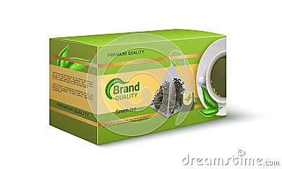 Packaging of green tea. Realistic product pack design. Brand identity template with copy space. Pyramid bags for dried Vector Illustration