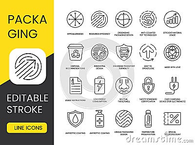 Packaging icon set with editable stroke, Anti-counterfeiting technology and Resource efficiency, Efficient material Vector Illustration