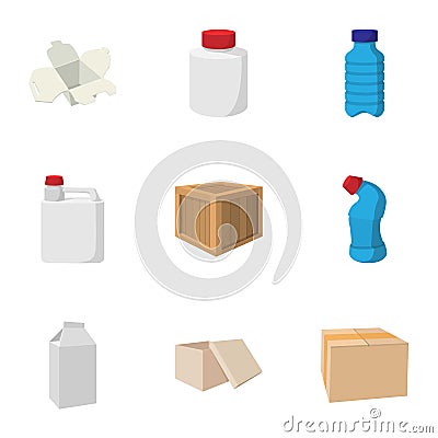 Packaging icons set, cartoon style Vector Illustration